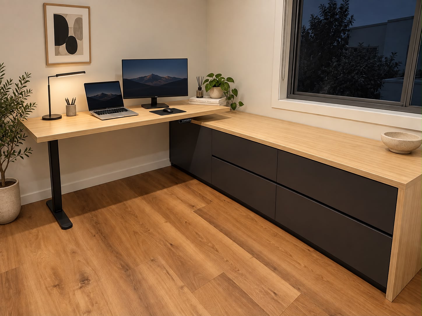 Custom corner home office with timber benchtops, drawers and an adjustable desk